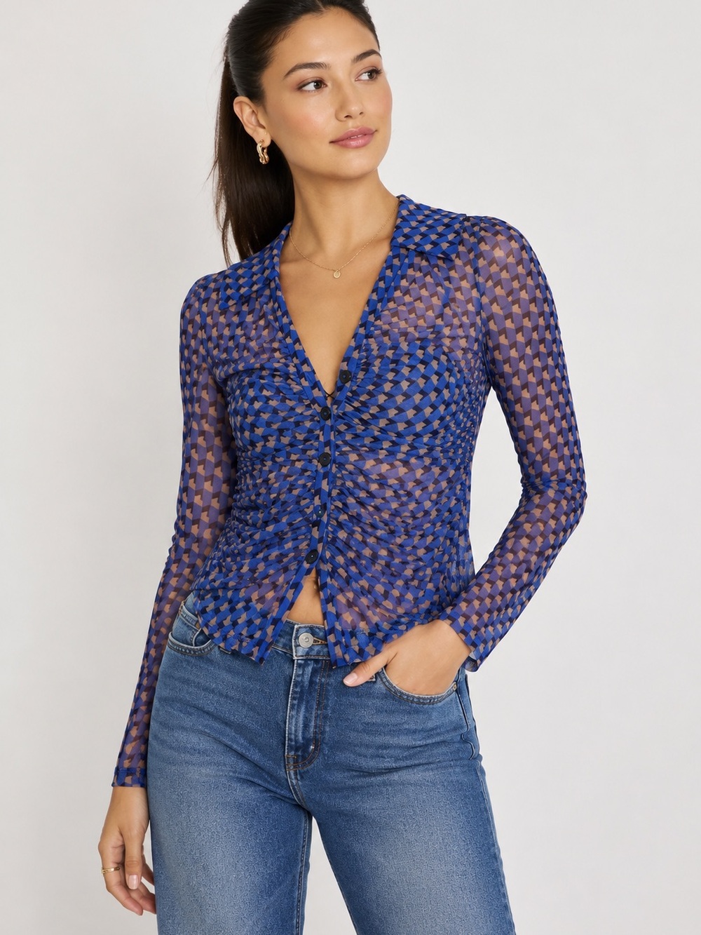 Maeve Anthropologie Mesh Ruched Button Front Sheer Top Blue Medium Y2K